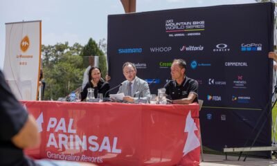 Olga Molné, Xavier Espot i Josep Marticella en la presentació de la Copa del Món de BTT / Grandvalira